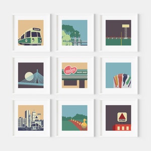 Mini Art | Boston City Prints: Minimalist Gallery Wall Set of 9 | 4x4" (Unframed)