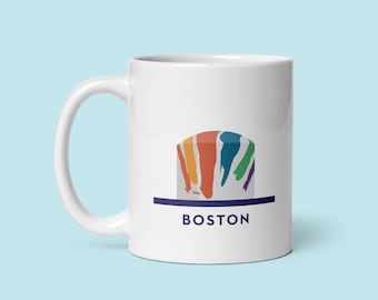 Taza de café + té - Tanque de gas Boston Rainbow Swash / Corita / Cerámica blanca de 11 oz / Diseño minimalista de la ciudad