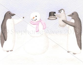 Nursery Art - Penguins Making a Snowman