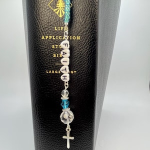 Faith Hope Beaded Bookmark: Blue Silver Cross Charm, Religious Gift