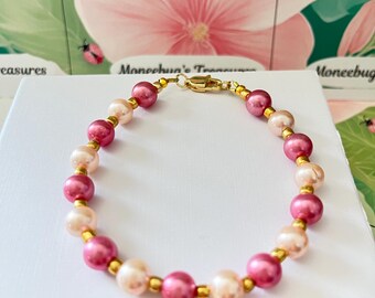 Pink & Cream Glass Pearl Bracelet: 14k Gold Plated Clasp