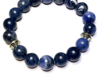 Handmade Men's Blue and Silver Sodalite Gemstone Beaded Bracelet