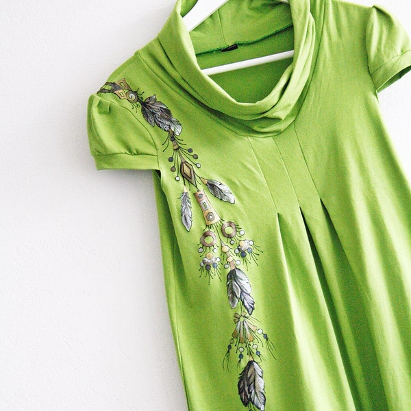 Boho Kleid, grünes Kleid, Feder, Umstandskleid, Dream Catcher Kleid, von HAND bemalt, Größe M