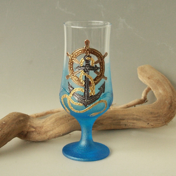 Marine Anchor Steering Wheel Gift for him Beer Glass Hand-painted