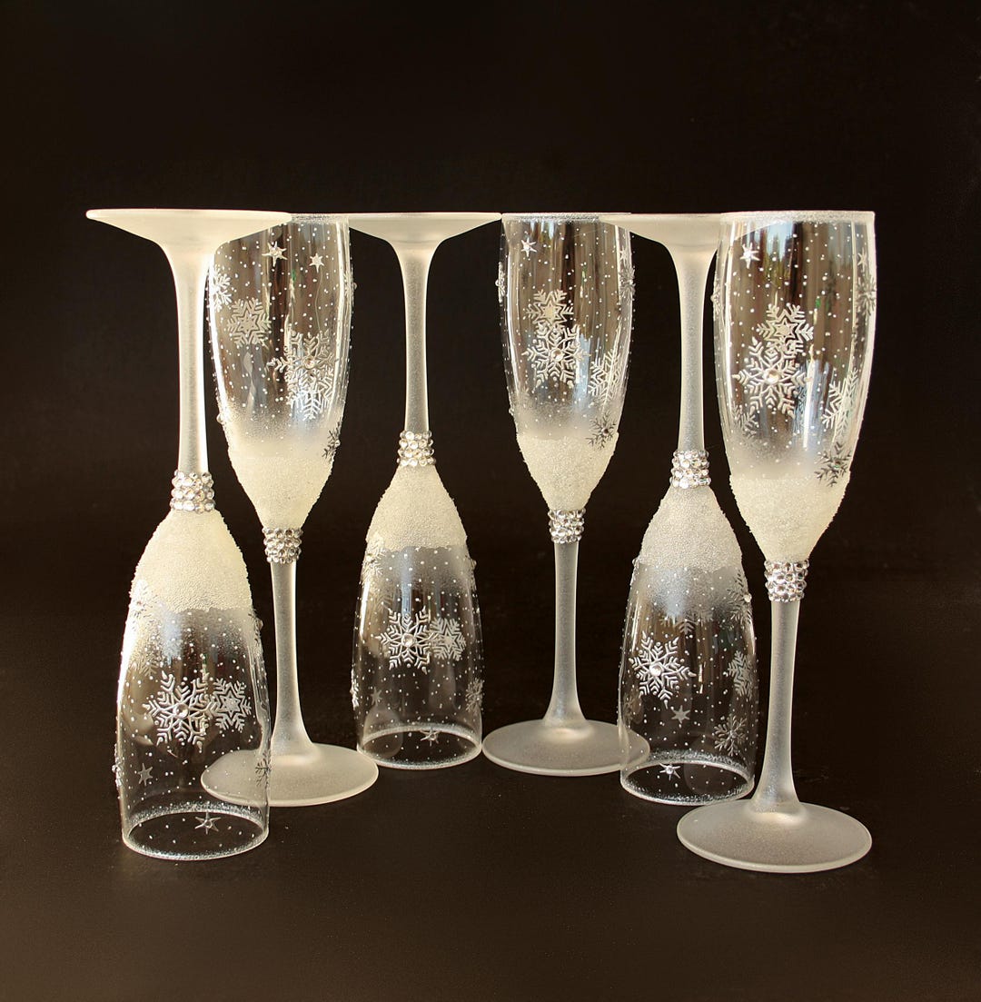 Snowflakes Champagne Glasses New Year Toast Hand Painted Set of