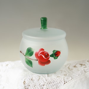 Vintage Sugar Bowl Matt Glass Red Rose Hand-painted
