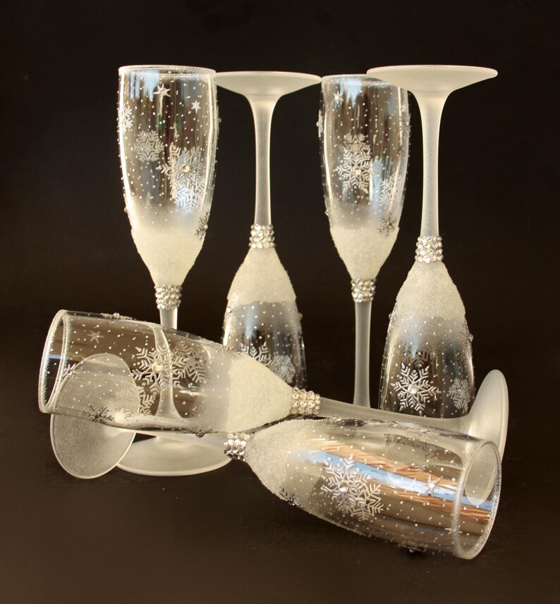Snowflakes Champagne Glasses New Year Toast Hand Painted Set of