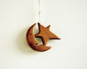 Moon and Star Pendant, Vintage Moon Pendant, Wood Carving Moon and Star, Vintage Wooden Pendant