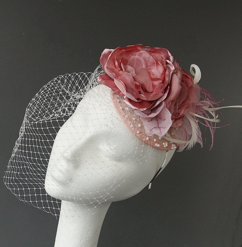 Flower Bridal Head Piece Cocktail Hat Races Hat OOAK Pastel Pink Veil Fascinator Wedding Hair Flower Crown