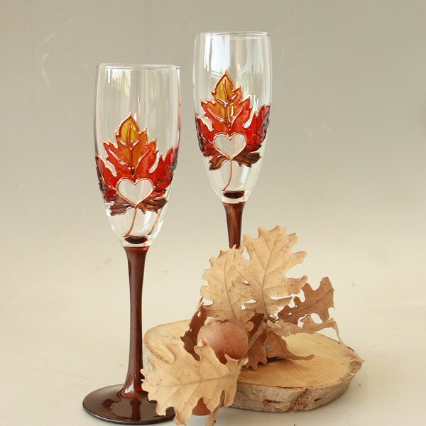 Fall maple Leaf Wedding Glasses Champagne Flutes, Hand-painted set of 2