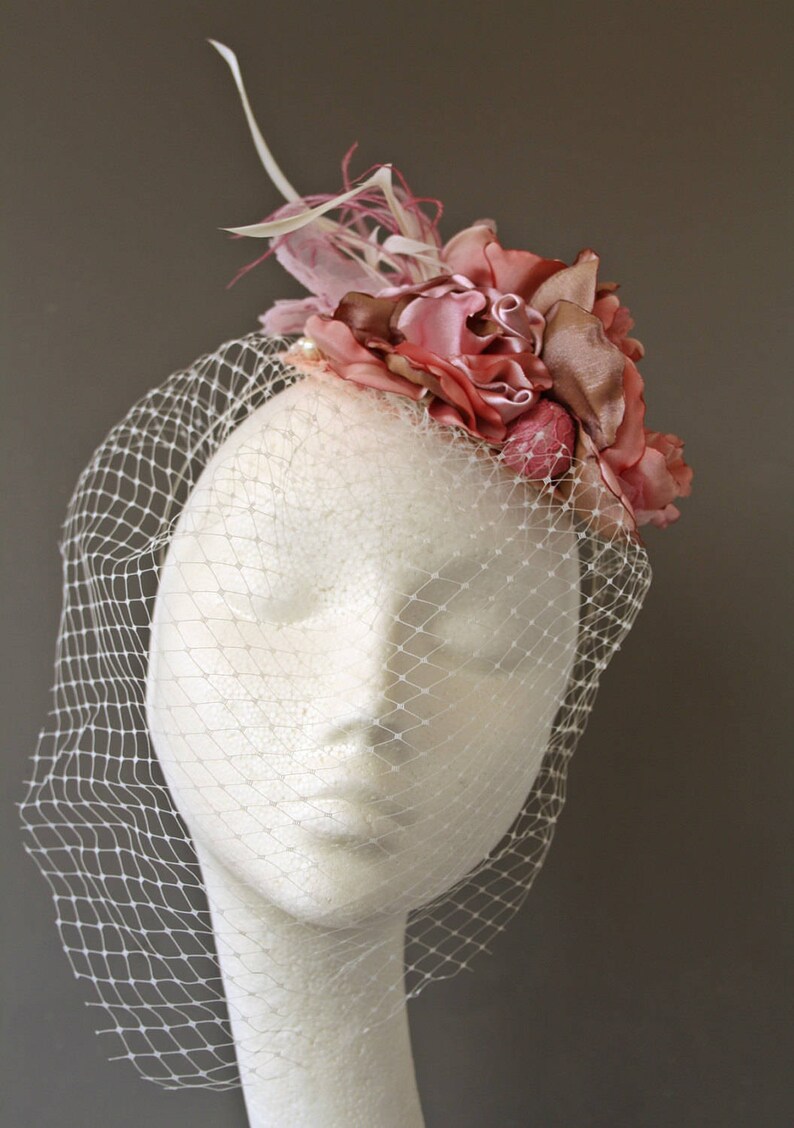 Flower Bridal Head Piece Cocktail Hat Races Hat OOAK Pastel Pink Veil Fascinator Wedding Hair Flower Crown