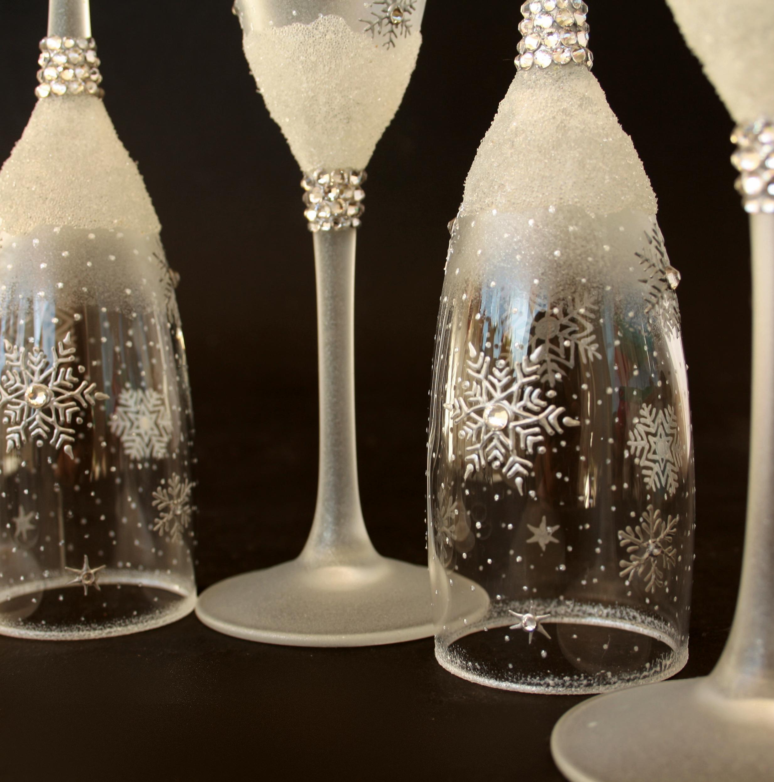 Snowflakes Champagne Glasses New Year Toast Hand Painted Set of