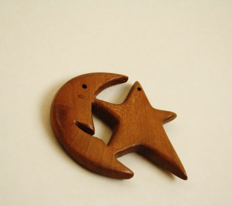 Vintage Wooden Pendant Wood Carving Moon and Star Vintage Moon Pendant Moon and Star Pendant