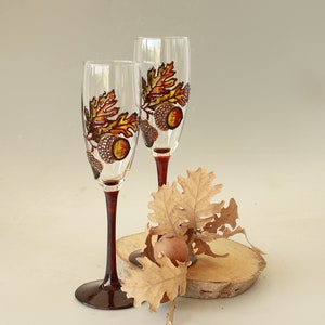 Eichel Herbst Blätter Hochzeit Gläser Sektflöten Personalisiert Mr. und Mrs., handbemaltes 2er Set