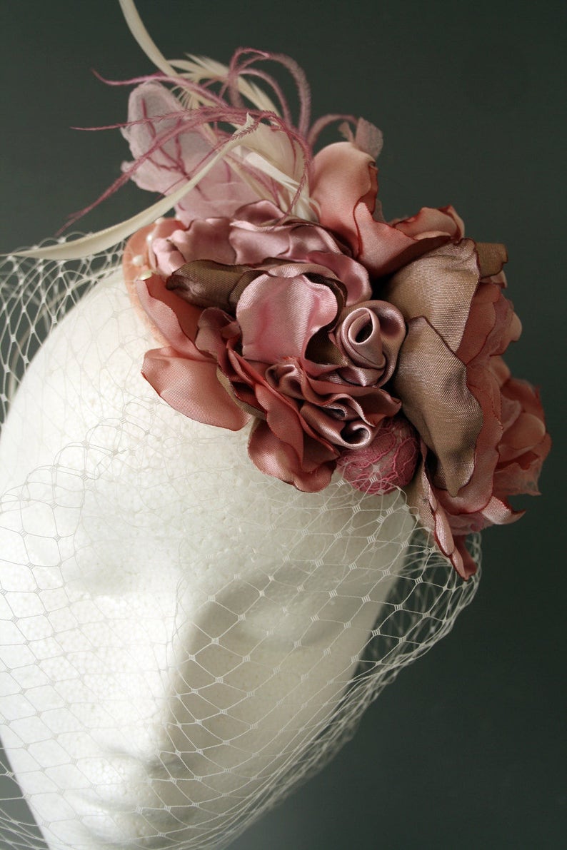 Flower Bridal Head Piece Cocktail Hat Races Hat OOAK Pastel Pink Veil Fascinator Wedding Hair Flower Crown