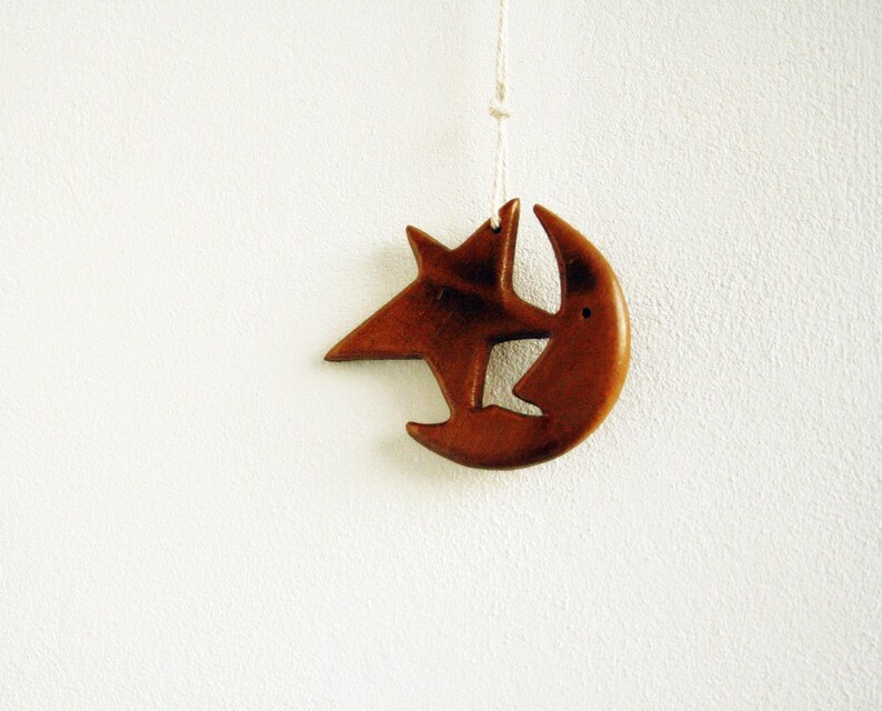 Vintage Wooden Pendant Wood Carving Moon and Star Vintage Moon Pendant Moon and Star Pendant
