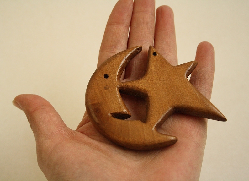 Vintage Wooden Pendant Wood Carving Moon and Star Vintage Moon Pendant Moon and Star Pendant