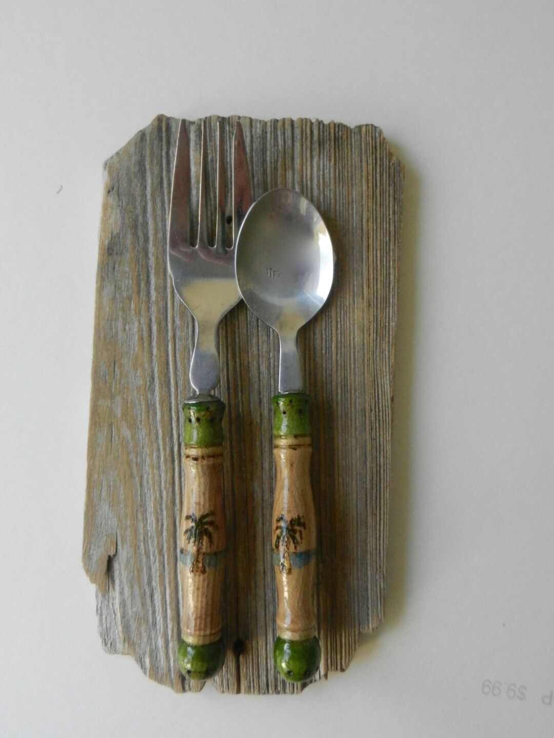 Lunchbox Wood Burn Green Silverware Hand Painted, Palm Trees. Tiny