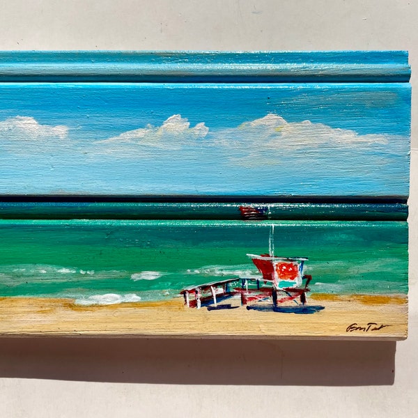 Original beach painting on vintage wood.  Affordable art for apartment, Airstream, small space.  Life guard stand, beach umbrellas, gift.