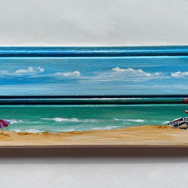 Original beach painting on vintage wood.  Affordable art for apartment, Airstream, small space.  Life guard stand, beach umbrellas, gift.