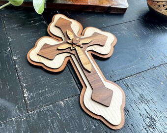 Layered Wooden Cross: Maple, Walnut & Cherry Veneers - Christian Home Decor