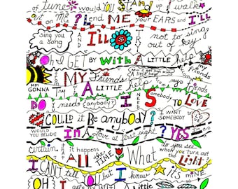 Colorful Subway Art. Hand lettered Print. The Beatles. Whimsical print.