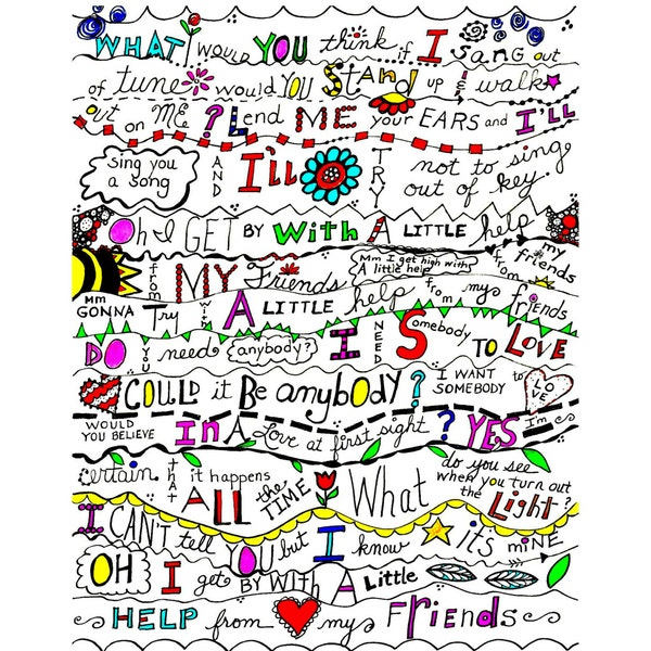 Colorful Subway Art. Hand lettered Print. The Beatles. Whimsical print.