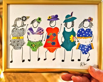 Paper Collage. 5x7 framed Buxom Bathing Beauties. Thin gold frame with an easel back.