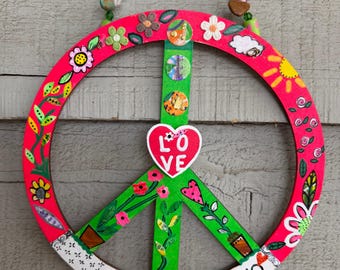 Hand Painted Wood Peace Sign, Beaded Copper Wire, 8 Inch