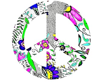Colorful doodled peace sign print. Available in four sizes