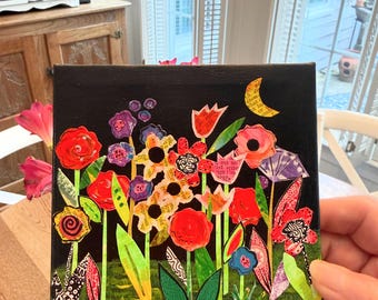 Flower collage. Mixed media with acrylics.  5 inch square. Hand painted paper. On canvas.