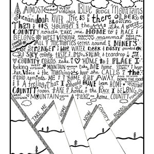 Country Roads black and white hand lettered print. John Denver&#39;s Country Roads. 8x10 print.