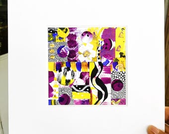 Colorful Abstract Miniature Art: Purple, Yellow, and Gold Acrylic (8x8 Matted)