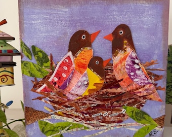 Mixed Media Bird Collage on Wood: Hand-Painted Paper, Atlas Pages, Ready Hang