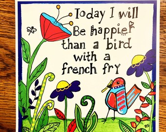 Bird with French Fry Folk Art Print: Colorful Whimsical Art (8x8)