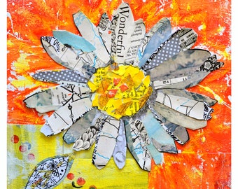 Daisy Collage Print: Mixed Media Floral Art (8x8 or 5x5)