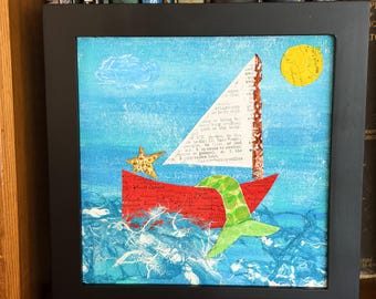 Mermaid Boat Collage Art, Hand-Painted Paper, Framed Mixed Media
