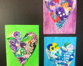 Heart Collage Magnets. Set of 3. Collage on canvas. 3x4 inches.
