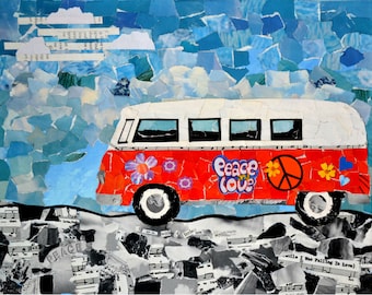 VW Bus Print: Torn Paper Collage Art for Nursery