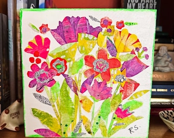 Original Flower Collage on Wood, Hand-Painted Paper Music Dictionary Pages, Acrylic Art (6x6x.75)