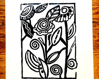 Whimsical Linocut Bouquet. Black and White Linocut