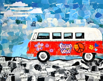 Mixed Media VW Bus Print. 5x7 with matte. Print of original on canvas. Torn paper art. Nursery or Child's room print