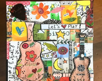 Guitar Lovers mixed Media Canvas. 6x6 canvas.