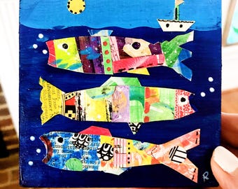 Original Fish Paper Collage on Wood (4x4x.75 inches). Beach house art.
