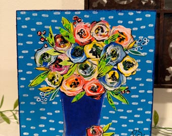 Mixed Media Collage Art: Ranunculus Flowers on Cradled Wood (6x6")