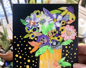 Tiny Paper Collage: Hand-Painted Flowers on Canvas, 4x4 Original