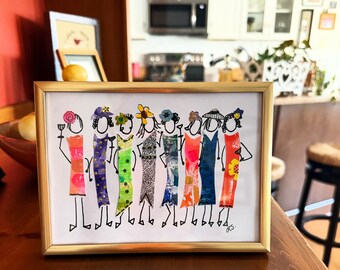 Girls Night Out Art: Hand-Painted Paper Collage in Gold Frame (5x7 in.)