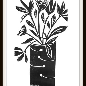 Hand Inked Floral Linocut Print: Black & White, 11x14 with Mat