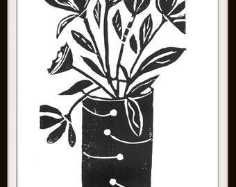 Hand Inked Floral Linocut Print: Black & White, 11x14 with or without mat