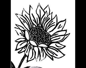 Linocut Sunflower. Hand carved Linocut